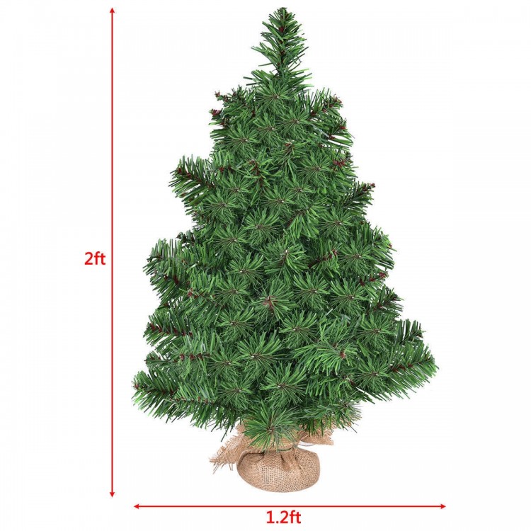 2ft artificial PVC Christmas tree with burlap bag base, perfect for holiday decor in various spaces.