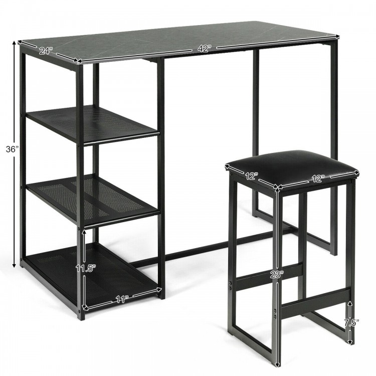 Dining set featuring a faux marble top table and two stools, with a space-saving design and sturdy steel frame.