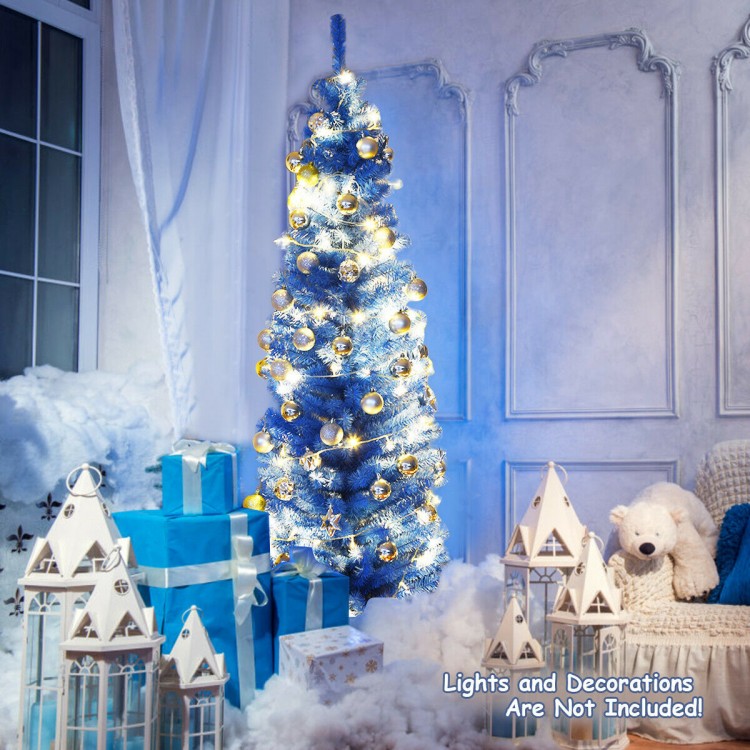 Blue 6ft unlit pencil slim Christmas tree with 520 branch tips, perfect for narrow spaces and customizable decorations.