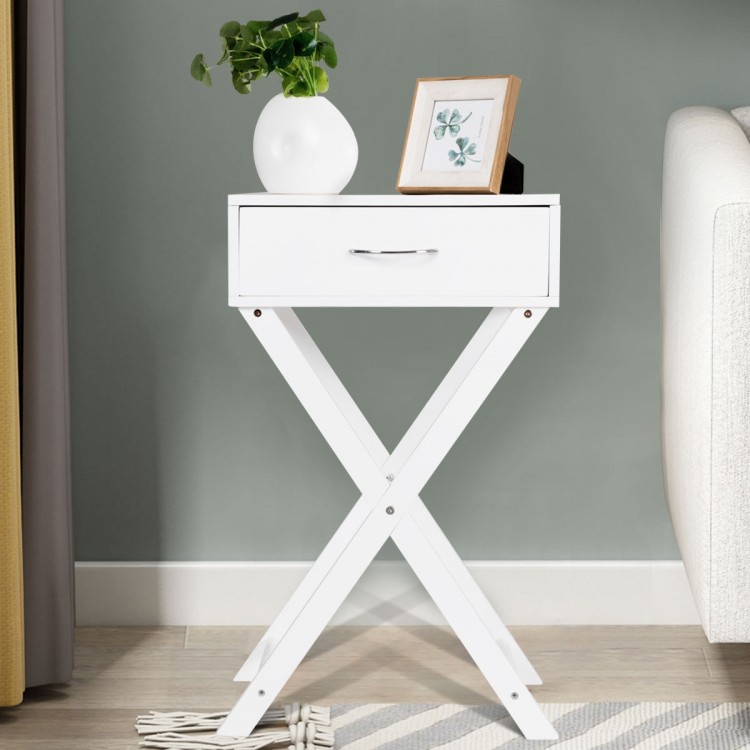 Modern X-Shape accent side end table in black with a drawer, perfect for beside a sofa or bed for convenient storage.