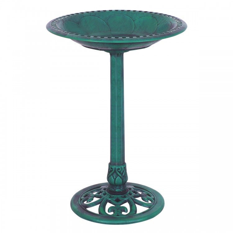 Green pedestal bird bath feeder made of weather-resistant resin, featuring a decorative bowl design for outdoor gardens.