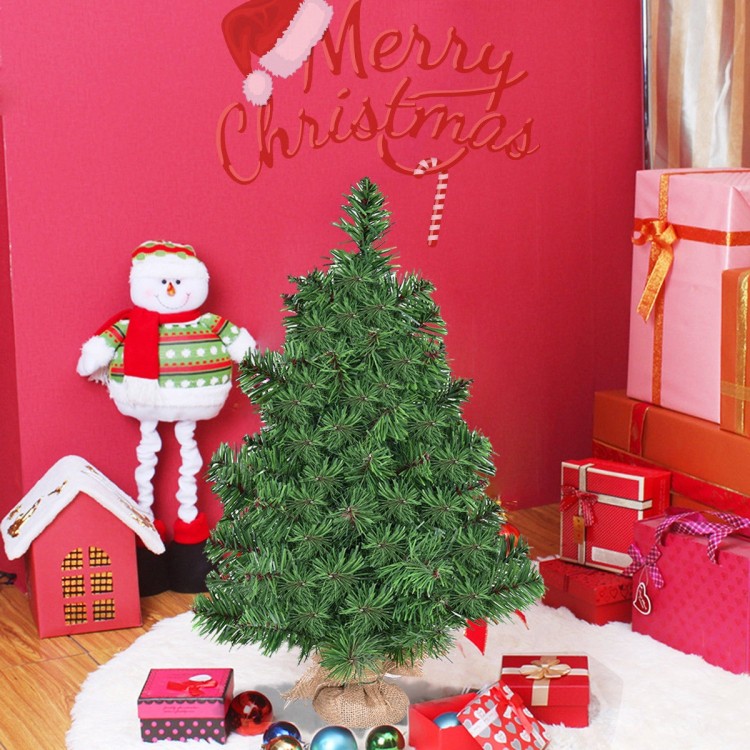 2 ft artificial PVC Christmas tree with burlap base, perfect for holiday decor in various settings, unlit for.
