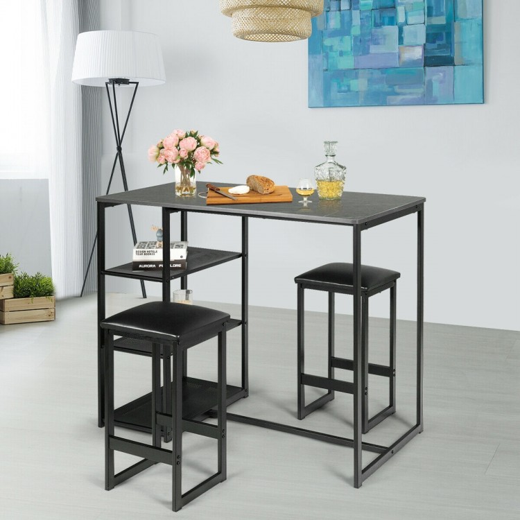 3 pcs dining set featuring a faux marble top table and two black stools, perfect for space-saving dining solutions.