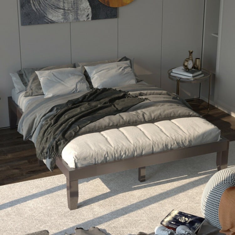 Queen size 14-inch brown wooden bed frame with modern design, perfect for bedrooms and apartments, offering ample.