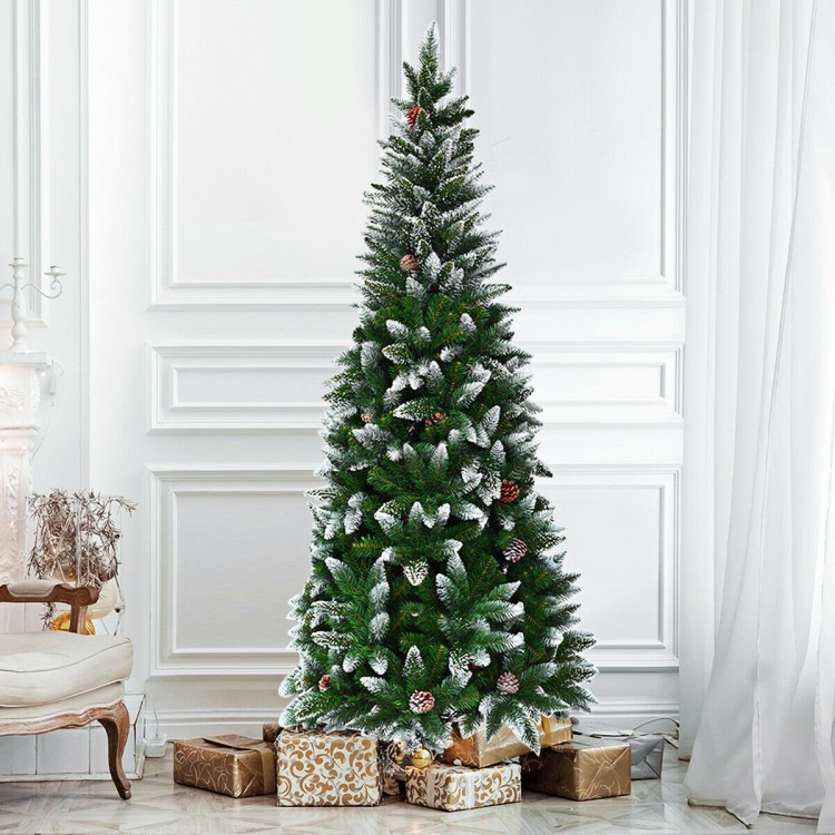 Artificial pencil Christmas tree with flocked snow design and pine cones, perfect for festive indoor or outdoor.