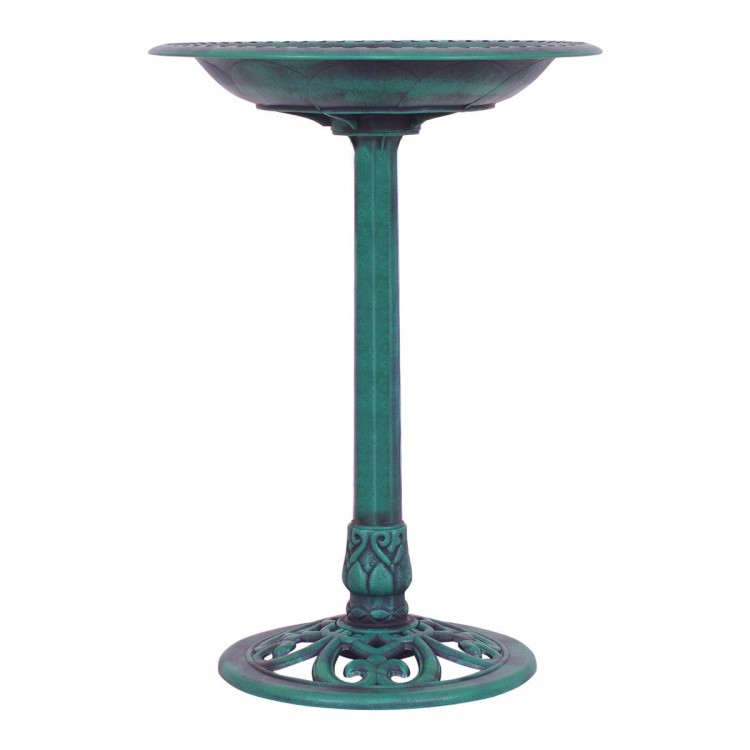 Green pedestal bird bath feeder made of weather-resistant resin, featuring a decorative bowl and stable base design.
