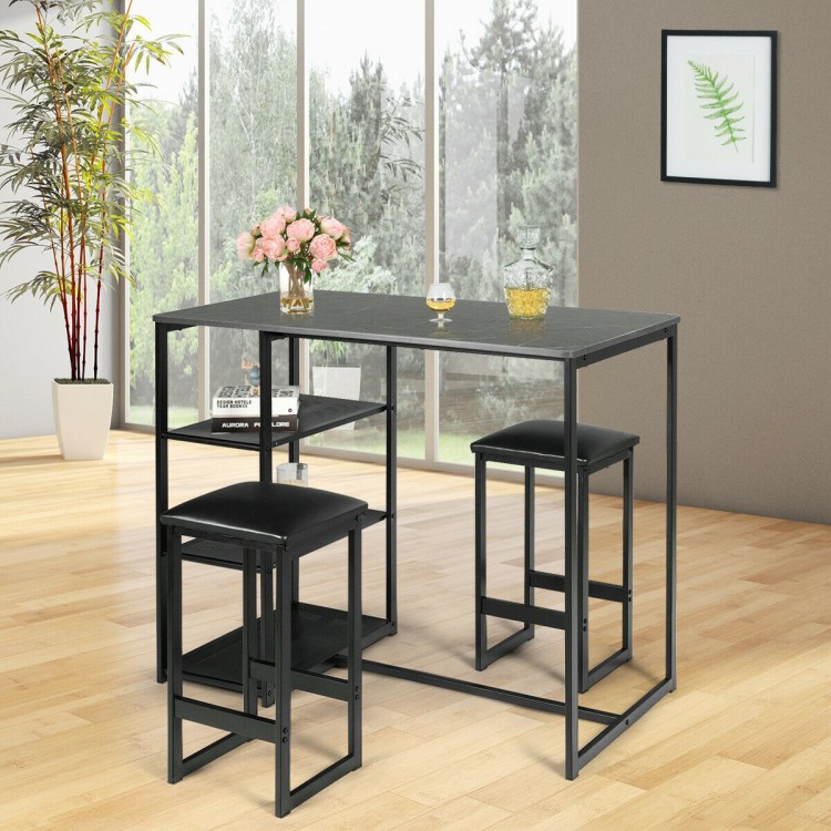 3 pcs dining set featuring a faux marble top table and 2 black stools, perfect for compact dining spaces.