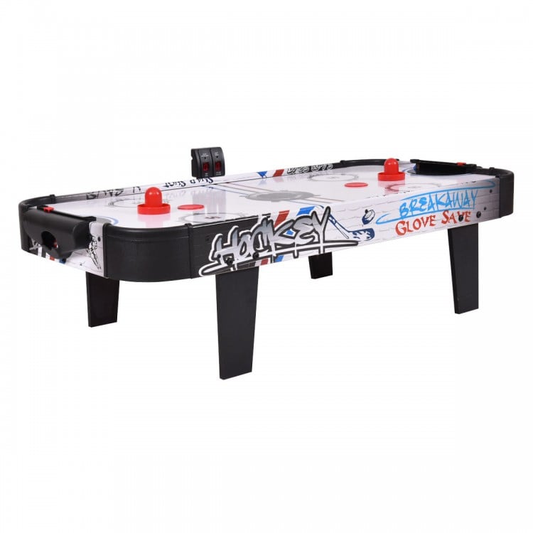 42-inch air hockey table with electronic scorer, two pushers, and compact design for kids' tabletop play.