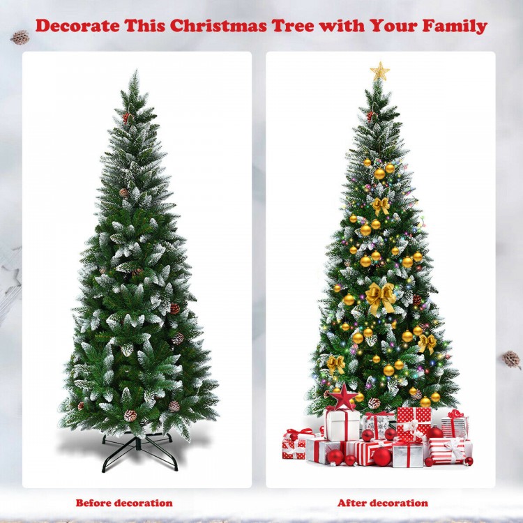 5/6/7.5 feet artificial pencil Christmas tree with flocked snow design and pinecones, perfect for festive indoor.
