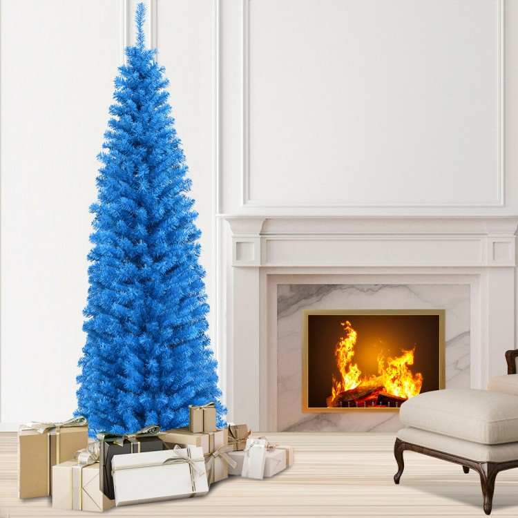 Blue 6ft unlit pencil slim Christmas tree with 520 branch tips, surrounded by wrapped gifts near a fireplace.