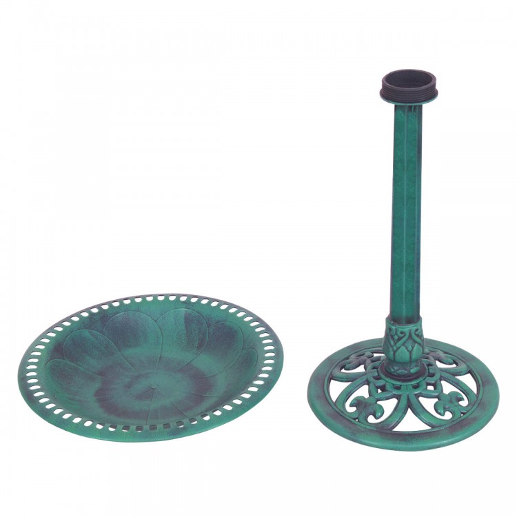 Green pedestal bird bath feeder with a copper verdigris effect, made of weather-resistant resin for outdoor use.