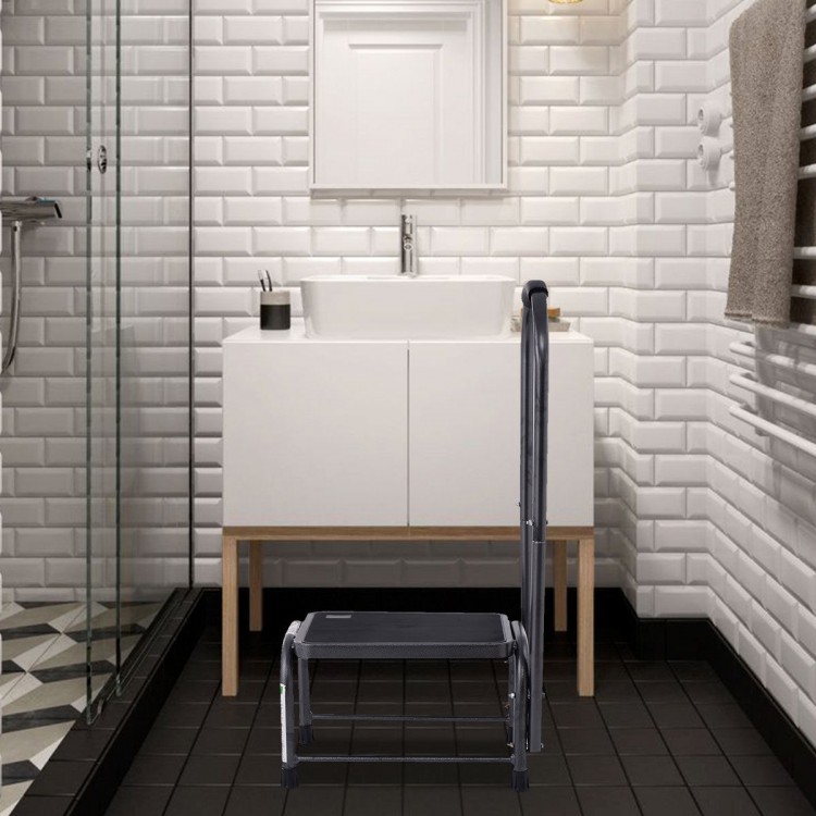 Heavy-duty step stool with non-slip platform and foam handle, supporting up to 330 lbs, ideal for bathroom use.