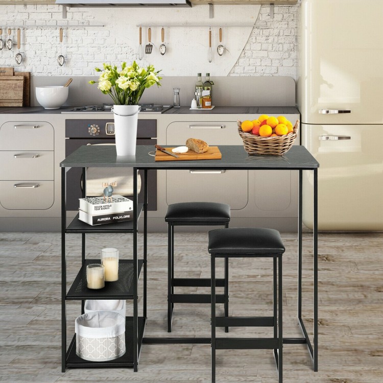3 pcs dining set featuring a faux marble top table and 2 black stools, perfect for small dining spaces.