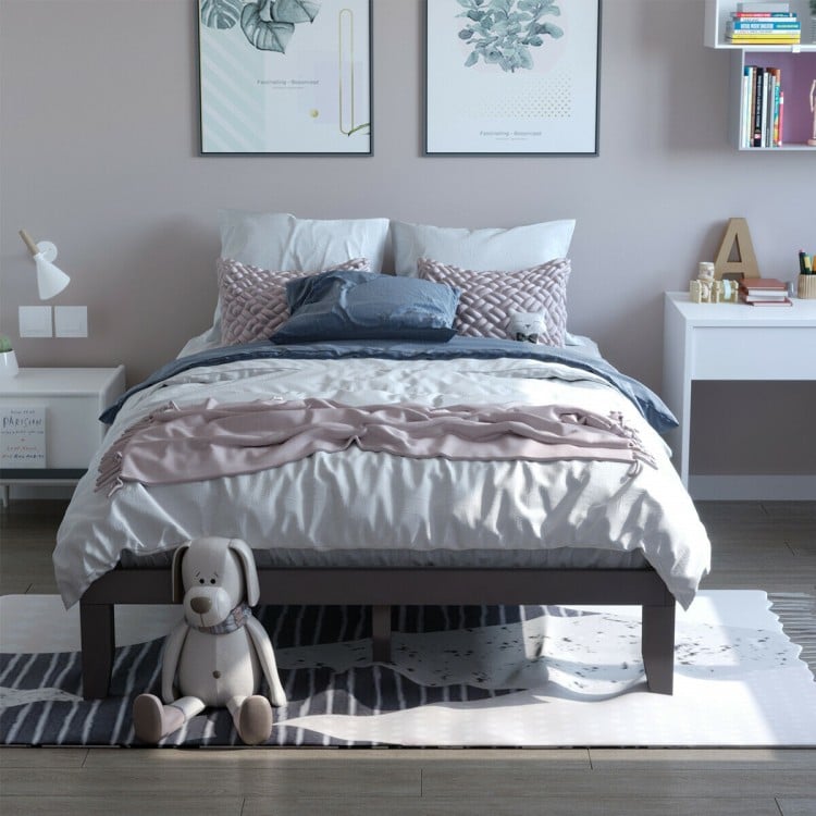 Queen size 14-inch brown wooden bed frame with modern design, perfect for bedrooms and apartments, offering under-bed.