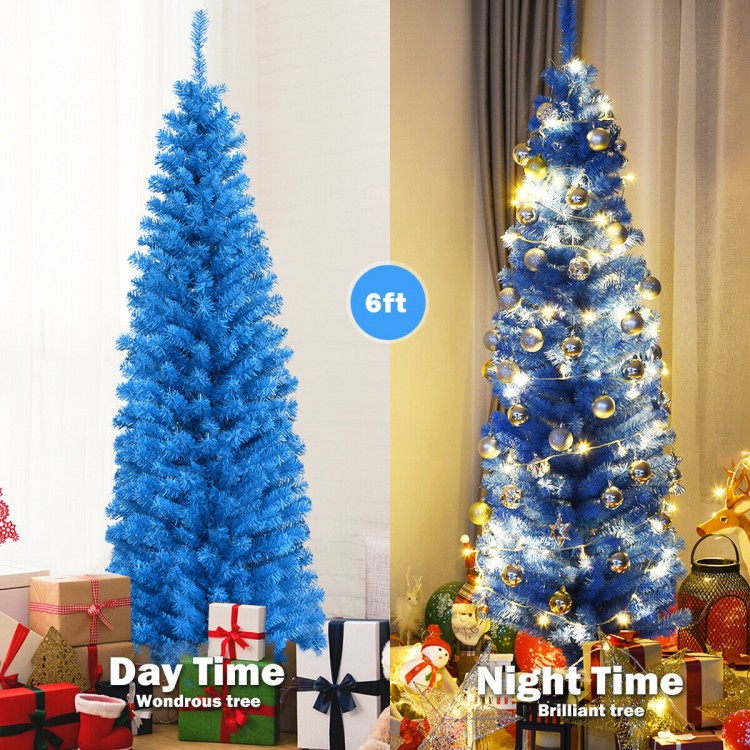6ft blue pencil slim Christmas tree with 520 branch tips, perfect for narrow spaces and festive decoration.