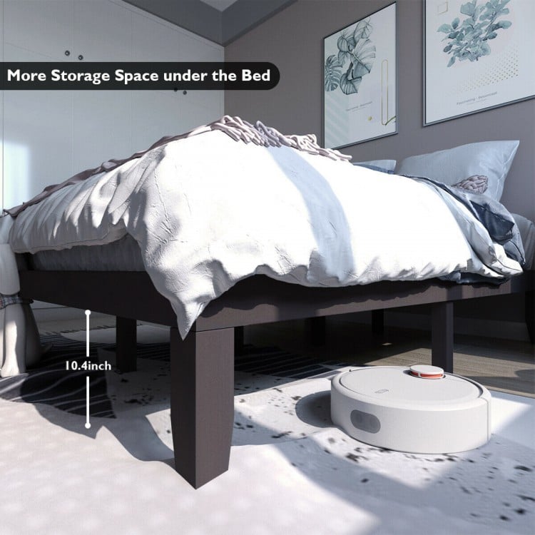 Queen size 14-inch brown wooden bed frame with ample under-bed storage space for boxes and luggage.