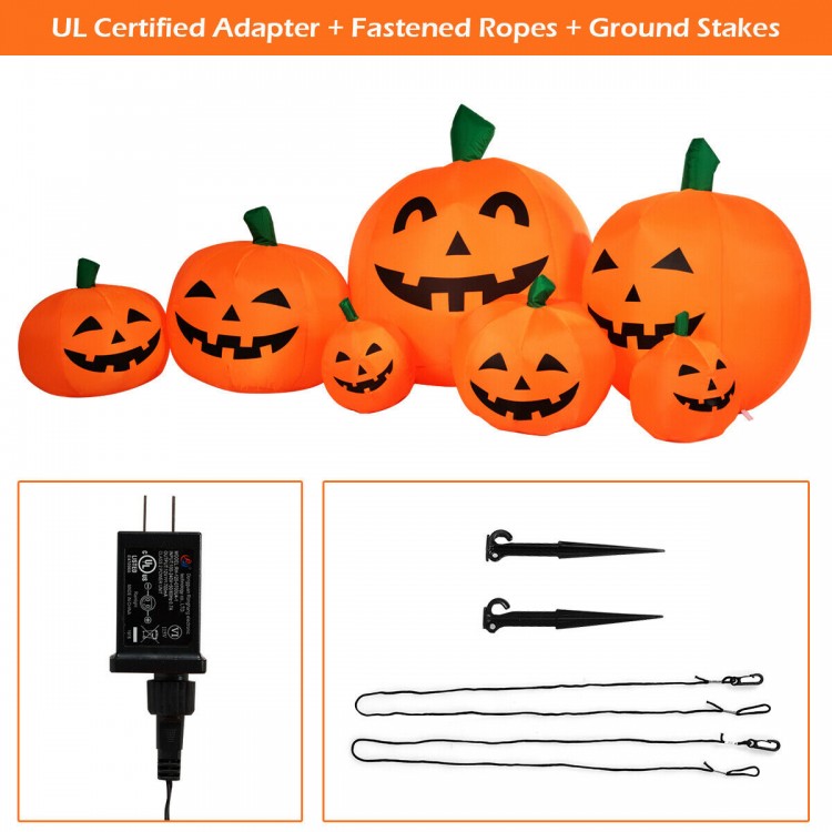 7.5 feet Halloween inflatable pumpkin patch with LED lights, waterproof material, includes adapter, ropes, and ground.