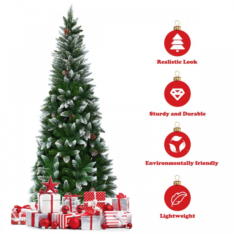 Artificial pencil Christmas tree with flocked snow design, 21 pinecones, and sturdy metal stand for indoor or outdoor.