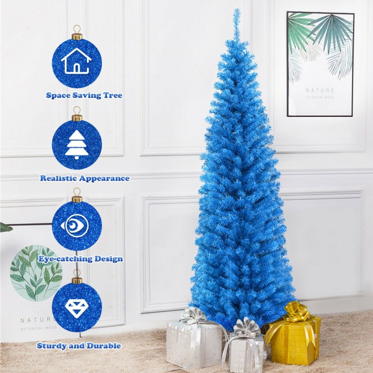 Slim 6ft blue artificial Christmas tree with 520 branch tips, ideal for narrow spaces, perfect for festive decoration.