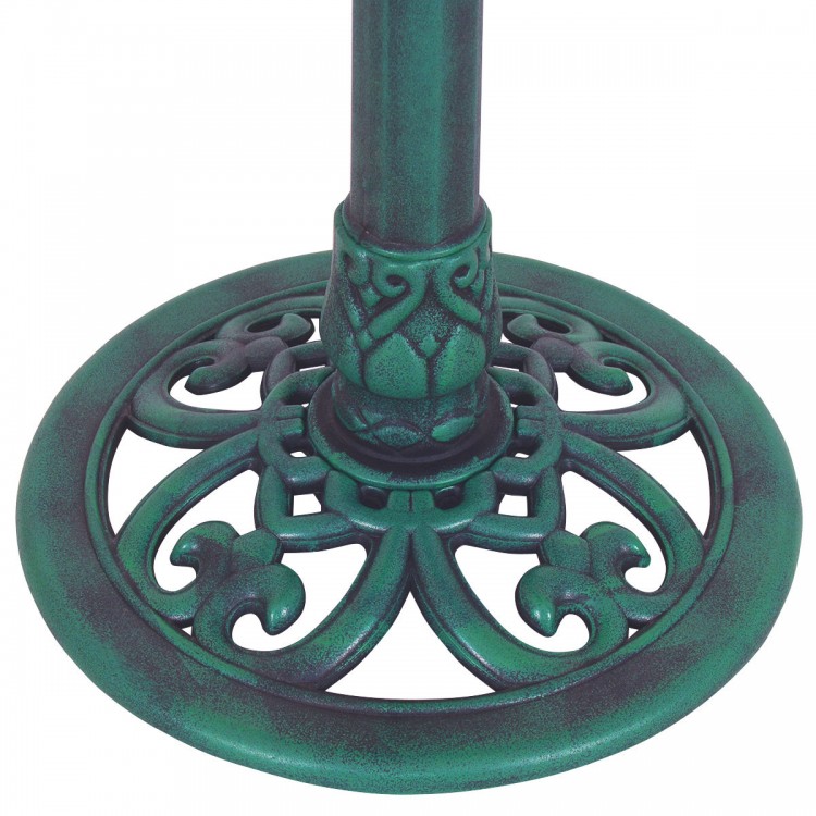 Close-up of the green pedestal base of the outdoor garden bird bath feeder, featuring a decorative design and durable.