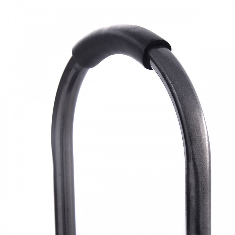 Close-up of the foam handle on a heavy-duty step stool, featuring a durable metal frame and non-slip design for.