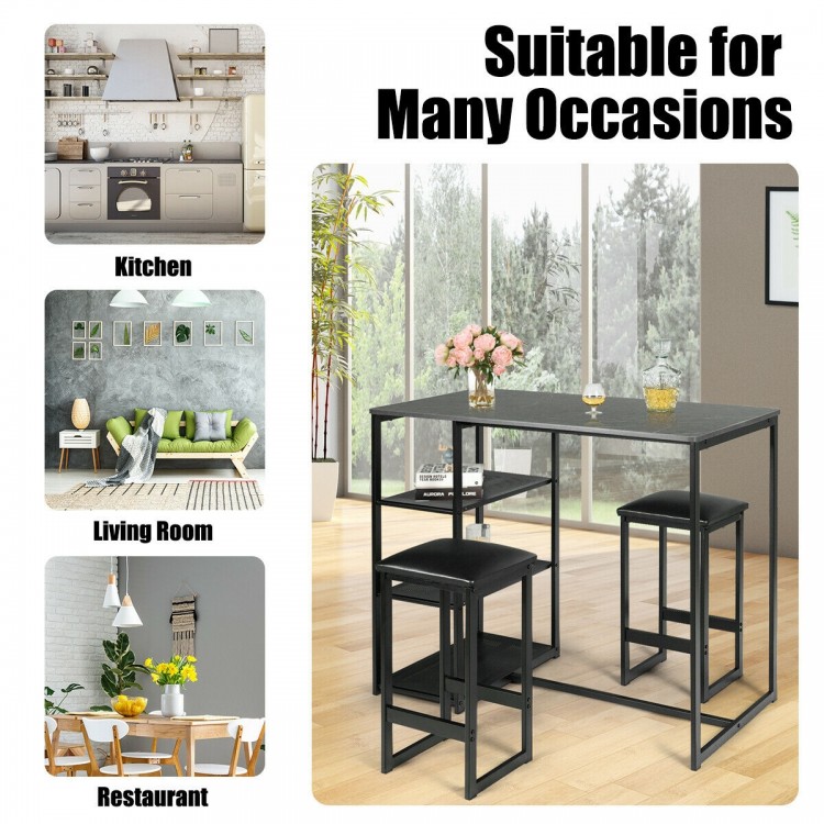 Side view of the 3 pcs dining set with faux marble top table and black stools, showcasing its stylish design and.