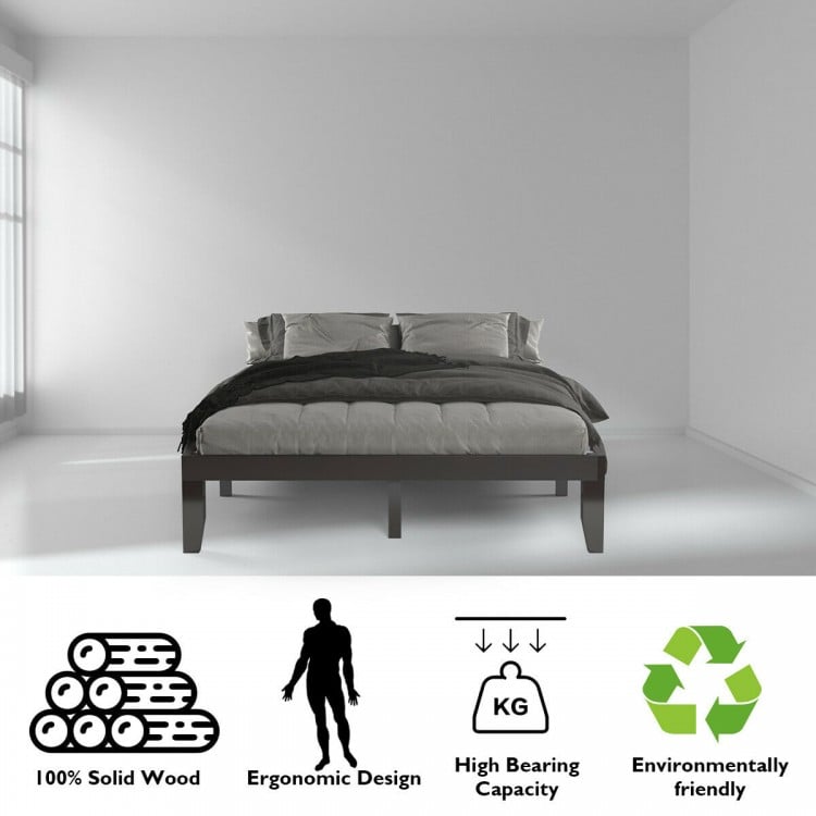 Queen size 14-inch brown wooden bed frame made of 100% solid wood, featuring ergonomic design and ample under-bed.