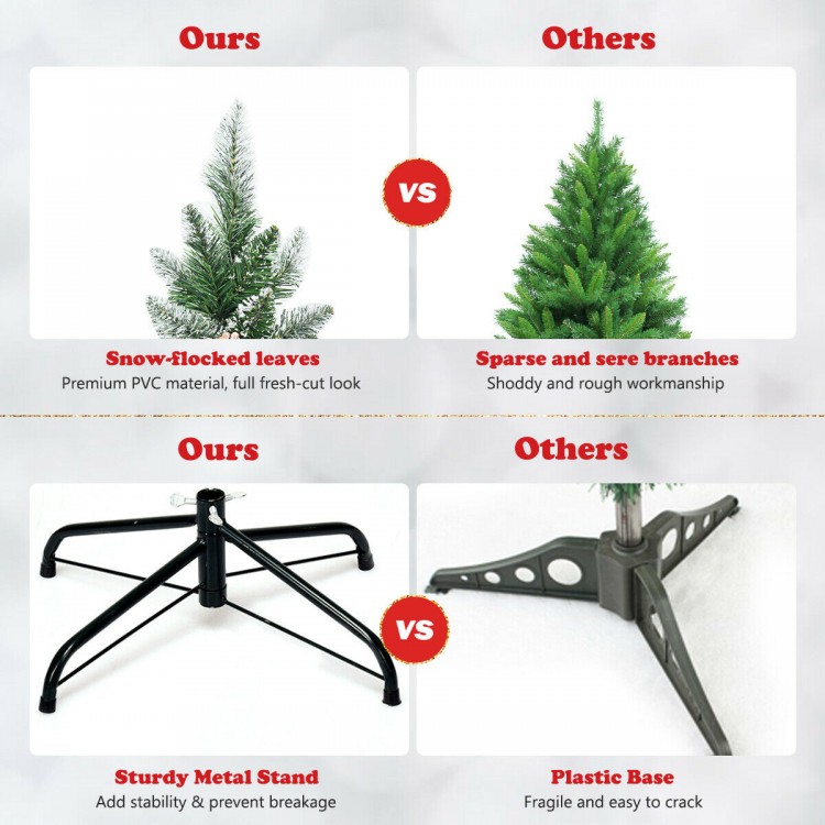 Artificial pencil Christmas tree with snow-flocked design, 21 pine cones, and sturdy metal stand for indoor or outdoor.