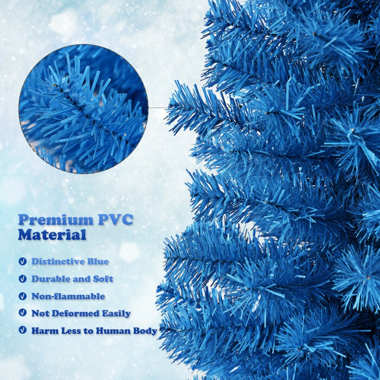Distinctive blue 6ft slim artificial Christmas tree with 520 branch tips, ideal for narrow spaces and festive.