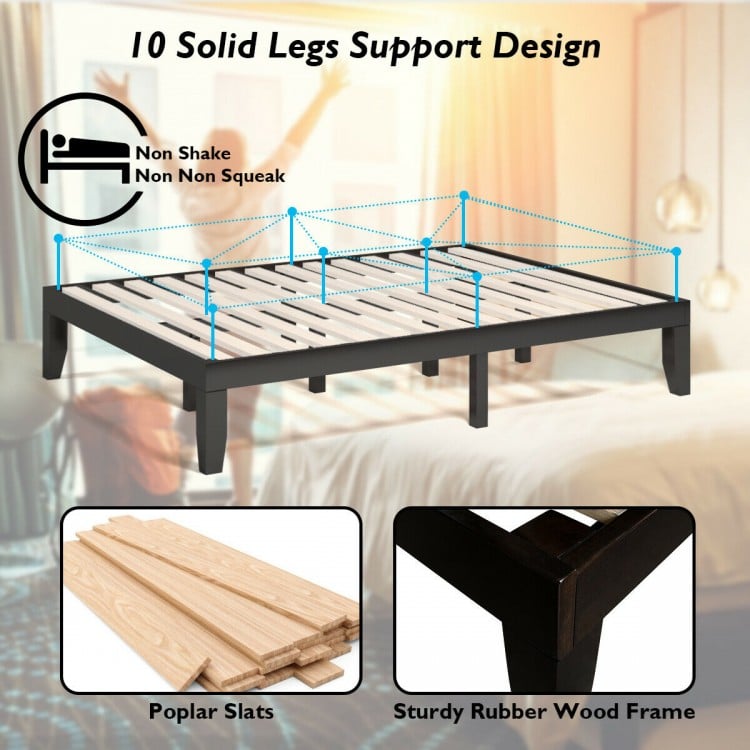 Queen size 14-inch wooden bed frame in brown with solid wood slats and sturdy legs, ideal for bedrooms and apartments.