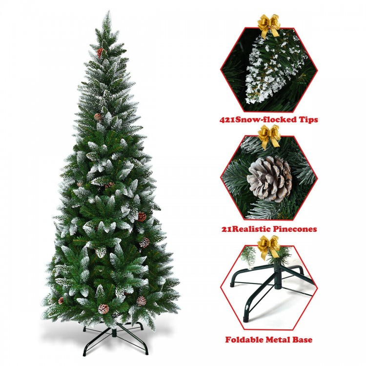 Artificial pencil Christmas tree with snow-flocked tips, 21 pinecones, and a foldable metal base for easy setup.