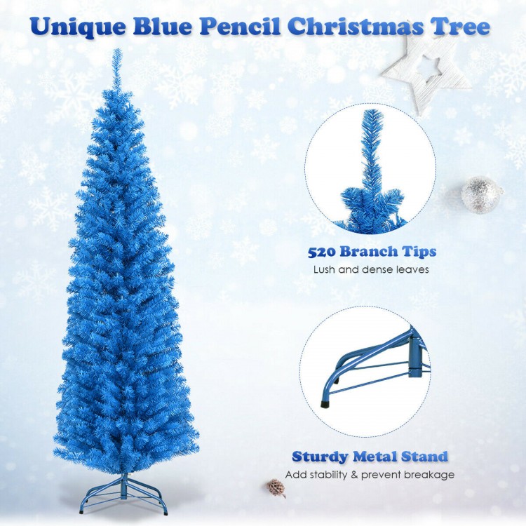 6ft blue pencil Christmas tree with 520 branch tips and sturdy metal stand, perfect for narrow spaces and festive decor.