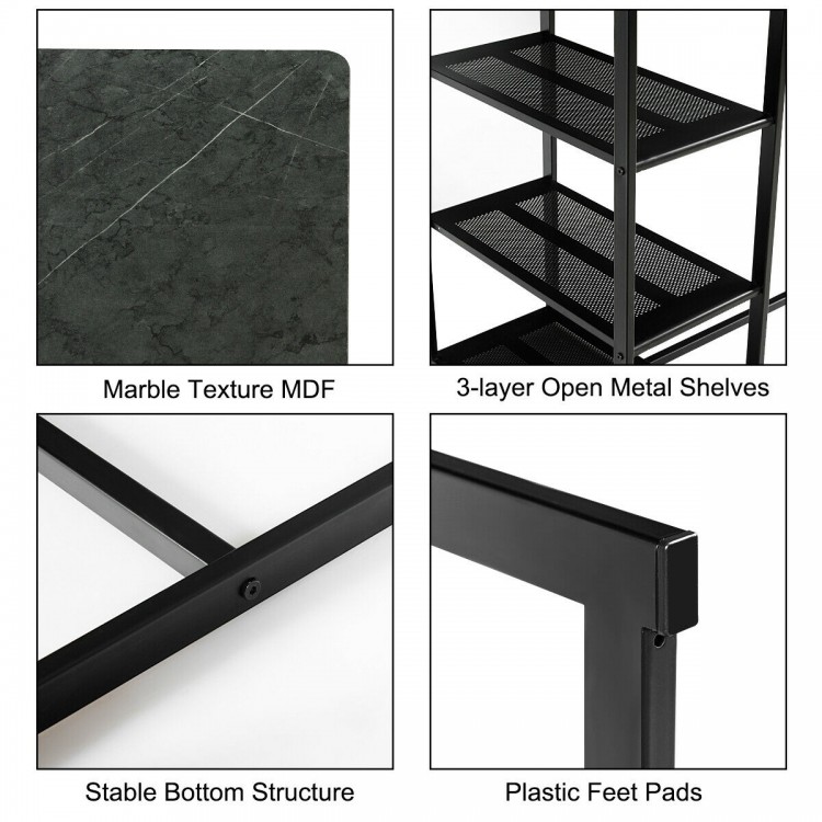 Close-up of the marble texture MDF tabletop and sturdy metal frame of the 3 pcs dining set for space-saving dining.
