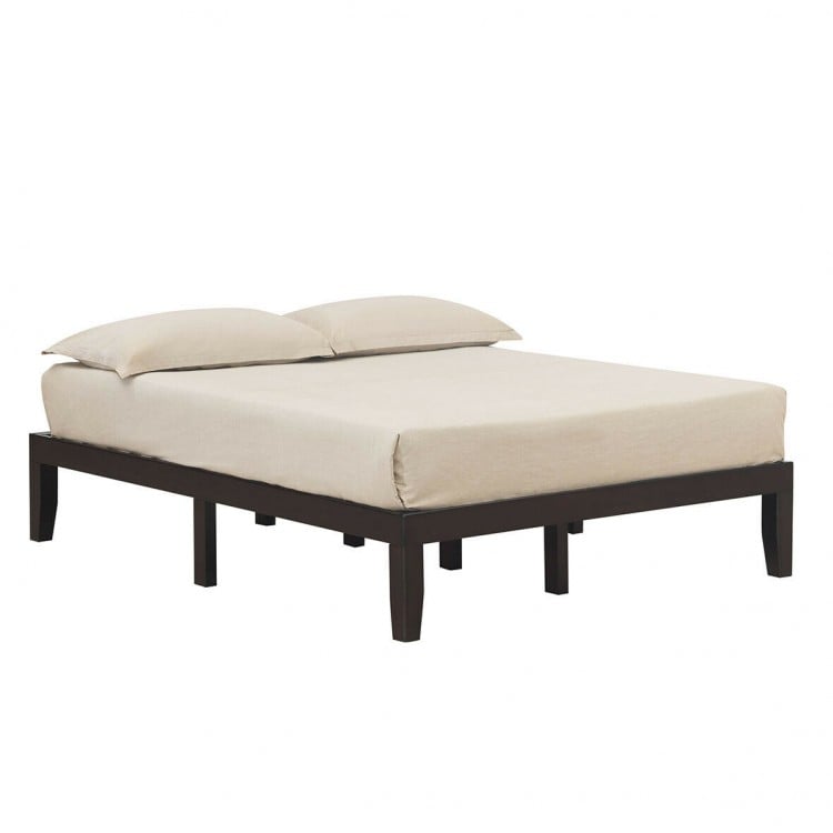 Queen size 14-inch wooden bed frame in brown with modern design, sturdy solid wood construction, and under-bed storage.