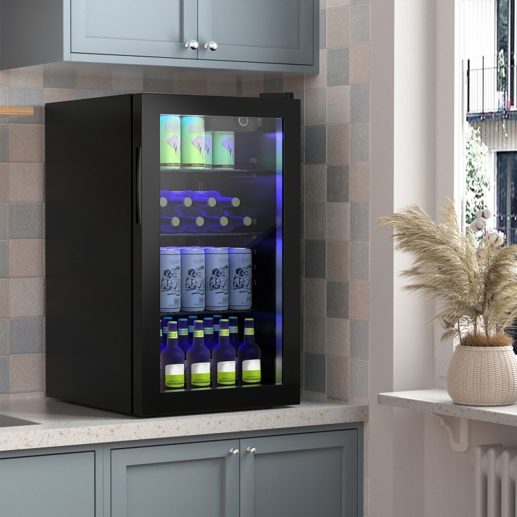 Beverage mini refrigerator with glass door, 120-can capacity, featuring LED light and adjustable shelves for versatile.
