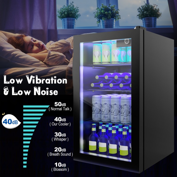 120 can beverage mini refrigerator with glass door, featuring LED light and low noise, ideal for home or office use.