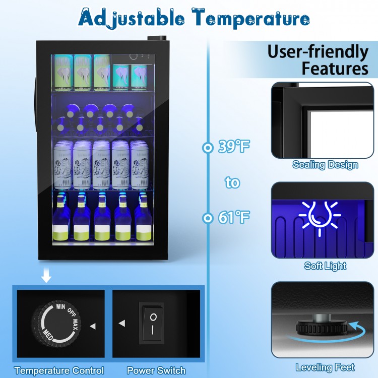 120 can beverage mini refrigerator with glass door, adjustable temperature 39°F to 61°F, ideal for home or office use.