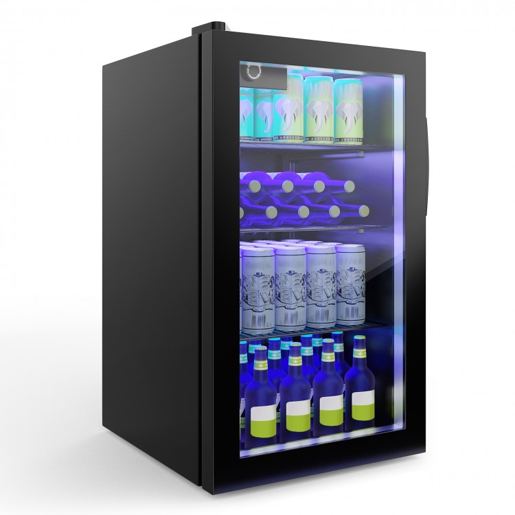 Compact 120 can beverage mini refrigerator with a sleek glass door, featuring a reversible design and interior LED.
