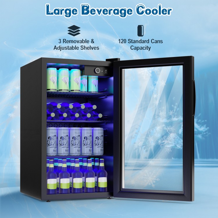Large beverage cooler with glass door, 120-can capacity, 3 adjustable shelves, ideal for home or office use.