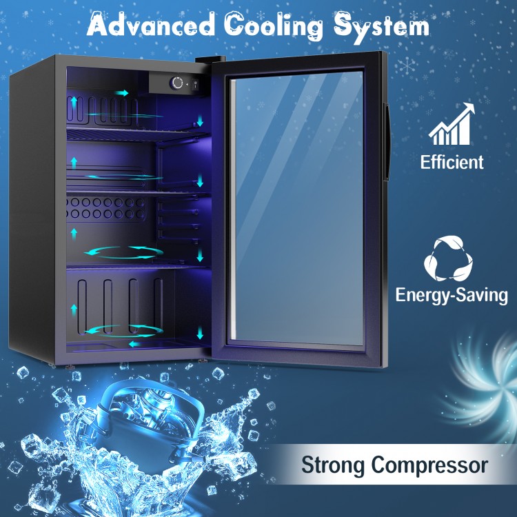 120 can beverage mini refrigerator with glass door, featuring energy-saving compressor and adjustable shelves for.