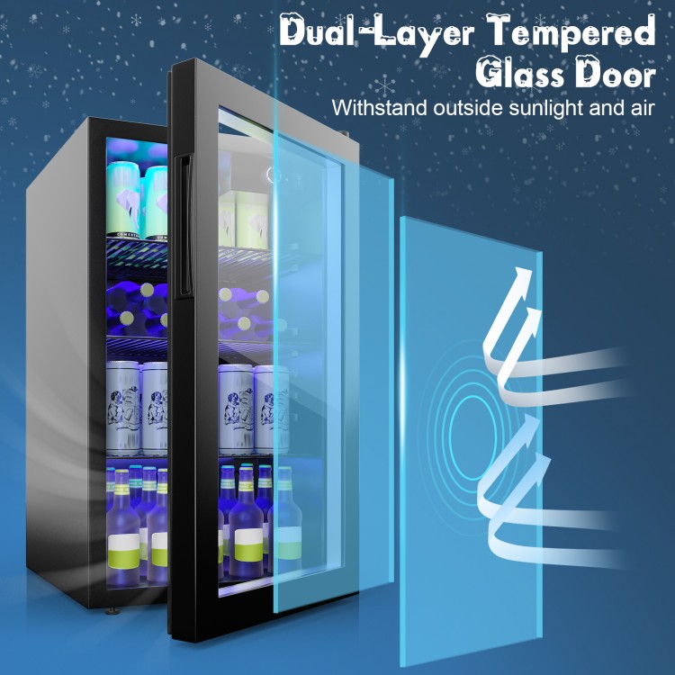 Beverage mini refrigerator with dual-layer tempered glass door, holding up to 120 cans, ideal for home or office use.