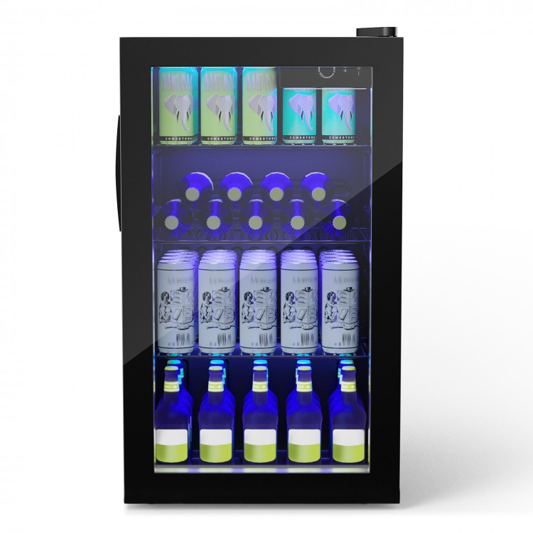 Beverage mini refrigerator with glass door and interior LED light, featuring a sleek design for convenient beverage.