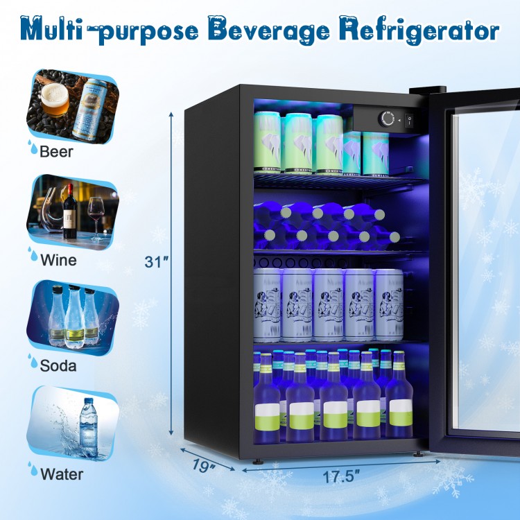 Beverage mini refrigerator with glass door, 120-can capacity, featuring adjustable shelves and LED light for easy.