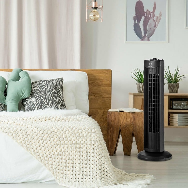 28-inch black bladeless oscillating tower fan with a sleek design, perfect for enhancing airflow in modern home.