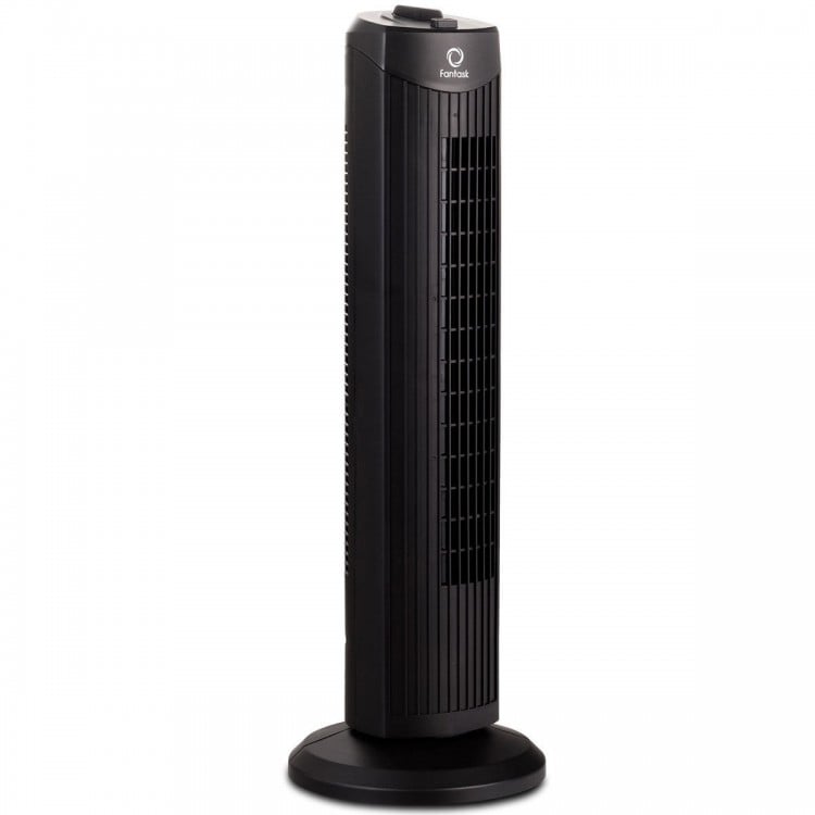 28-inch black bladeless oscillating tower fan with 3 speed settings for quiet and efficient cooling in small spaces.