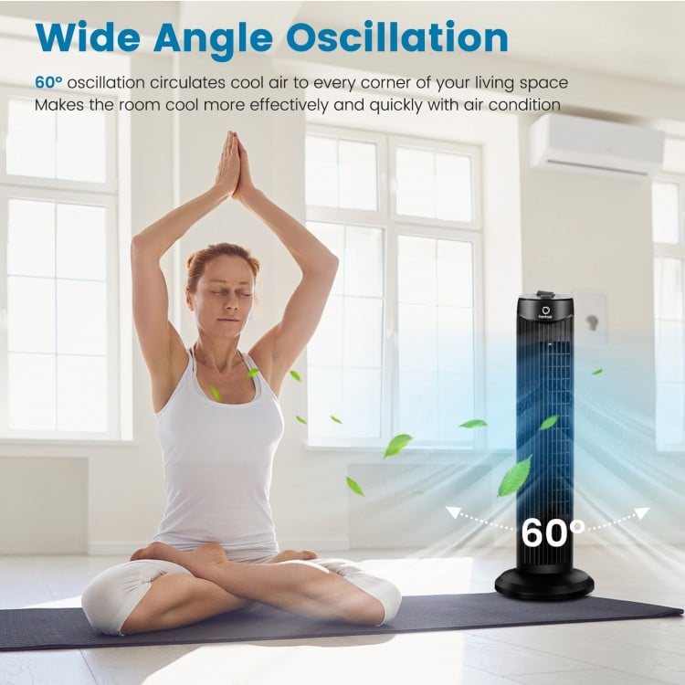 28-inch bladeless oscillating tower fan in black, featuring 60° oscillation for effective cooling in any room.