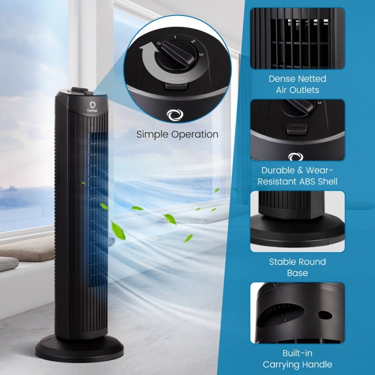 28-inch black bladeless tower fan with a stable round base and built-in carrying handle for easy transport and cooling.
