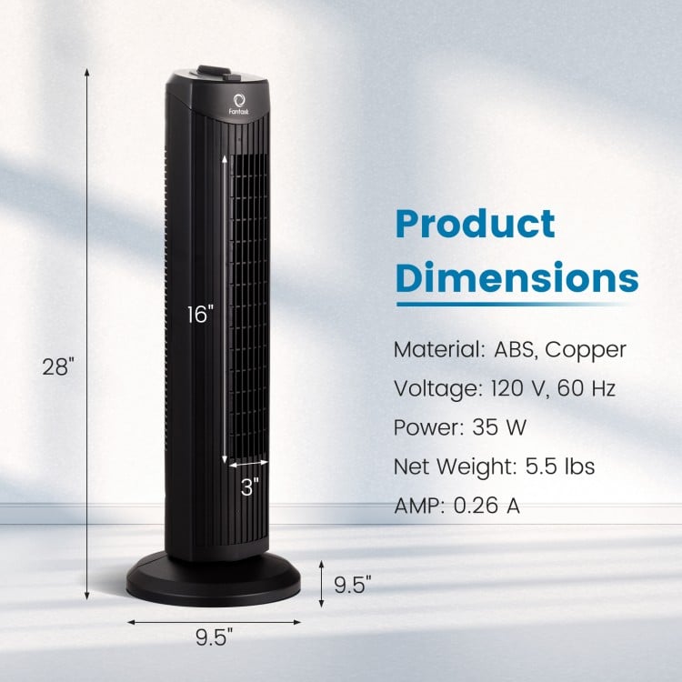 28-inch black bladeless oscillating tower fan with 3 speed settings, designed for quiet operation in small spaces.