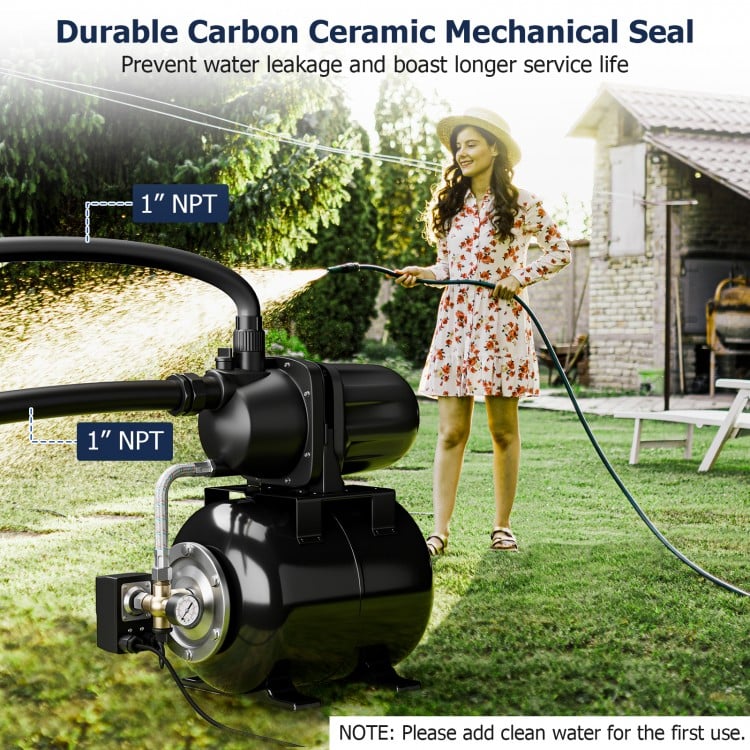 Shallow well pressurized water pump with 1" NPT fittings, ideal for boosting water pressure in gardens and homes.
