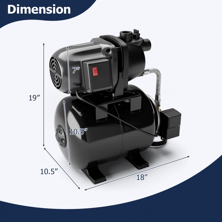 Shallow well pressurized irrigation pump with 1200 W power, 18" tank, and 150 ft lift for efficient water transfer.